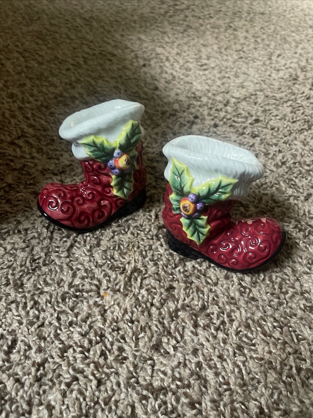 Fitz and Floyd Red Holiday Kids Boot Pair with White Cuff and Green Holly